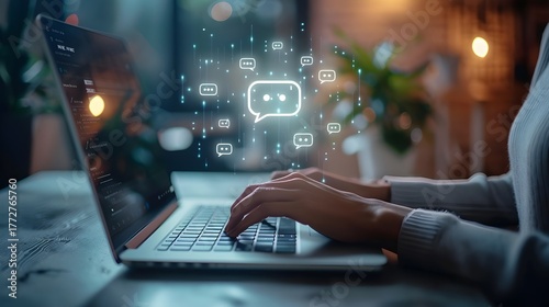 Hands on keyboard with floating chat bubble hologram representing AI communication and real-time message technology.
