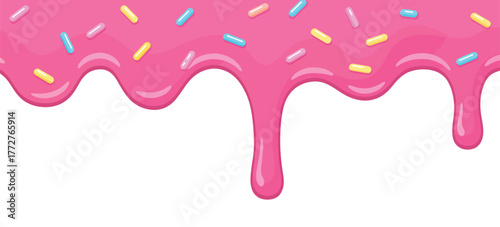 Seamless illustration of flowing pink sugar glaze with assorted vibrant confectionery sprinkles for sweet designs