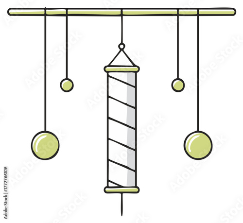 Mobile artwork featuring geometric shapes like balls and cylinder creates dynamic harmony with suspending rods