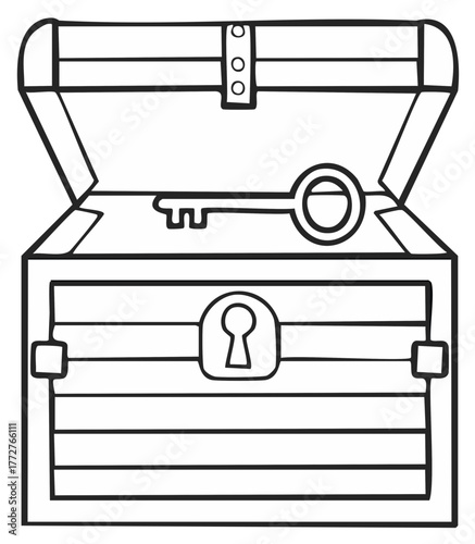 Open Treasure Chest with Key Illustration, Outlined, Adventure, Mystery, Pirate and Hidden Riches