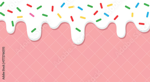 Sweet pink dessert background with dripping white cream glaze and colorful candy sprinkles