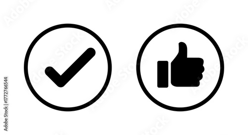 Check mark and thumbs up icon in circular outline. Tick and like symbol