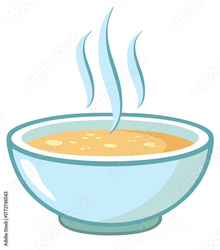 Cartoon bowl of hot soup with steam rising, warm broth, and simple illustration.