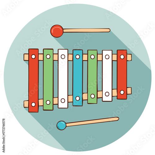 Colorful Xylophone with Mallets, Musical Toy in a Round Frame with Shadow
