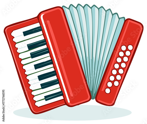 Bright Red Accordion Musical Instrument with Keyboard and Bellows Cartoon Vector Illustration