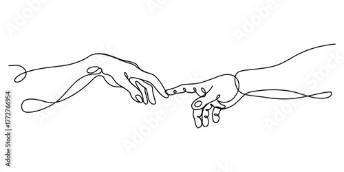Minimalist continuous line drawing of two hands gently touching fingertips vector