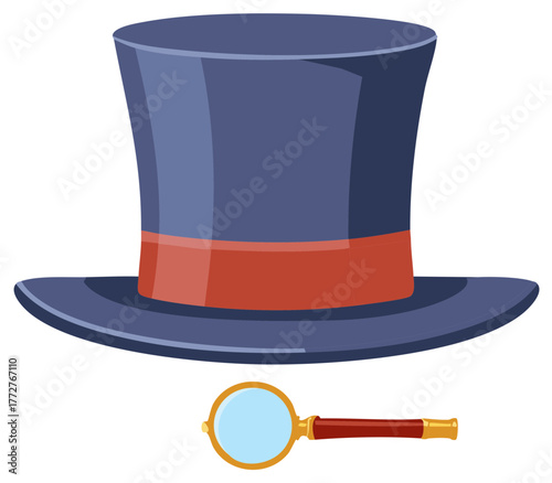 Detective's Vintage Top Hat with Magnifying Glass, Victorian Era Illustration