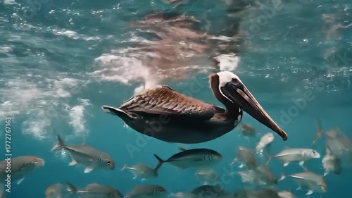 Pelican Diving Underwater in Ocean Close Up