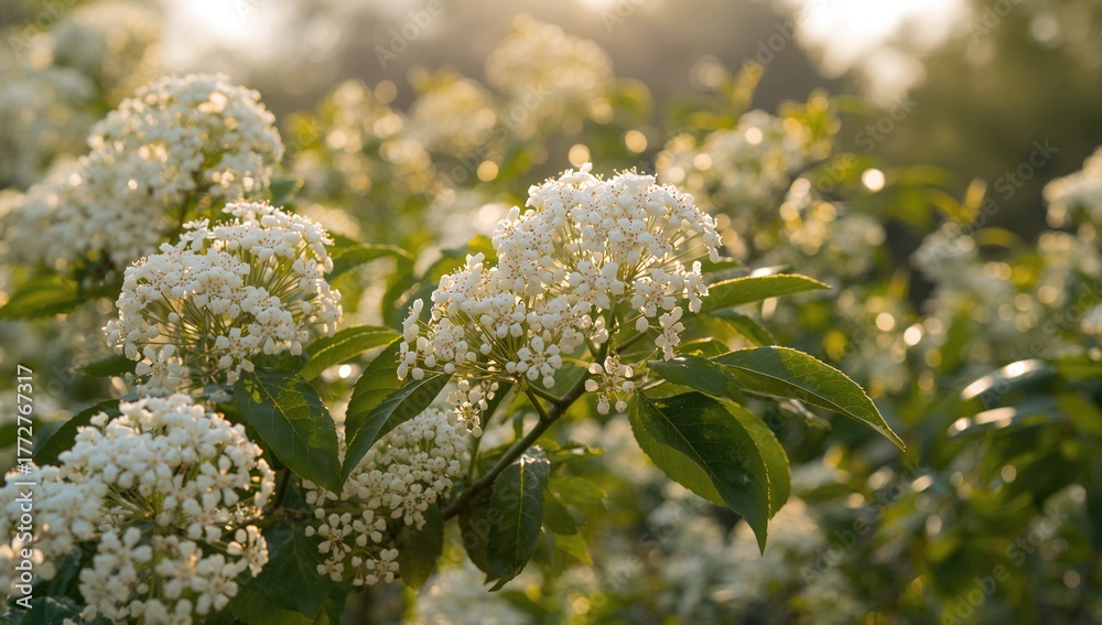Obraz premium Vibrant white blossoms and lush green foliage of an elderberry shrub, showcasing nature's beauty, Earth Day