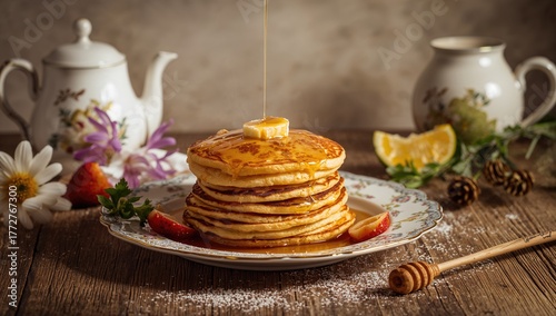 Stack of pancakes drizzled ...