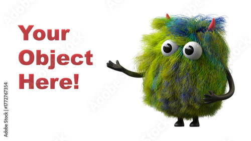 Fluffy, cute monster presents a space for 