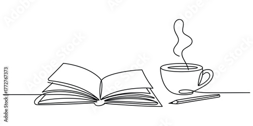 Simple continuous line drawing of an open book with a steaming cup of coffee and pencil vector