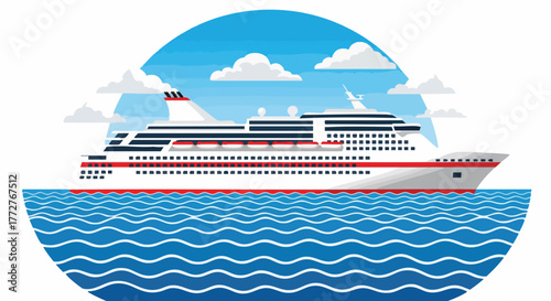 A cruise ship illustration set against a blue sky with clouds