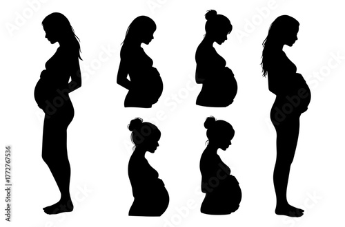 Collection of pregnant woman silhouettes in standing profile poses