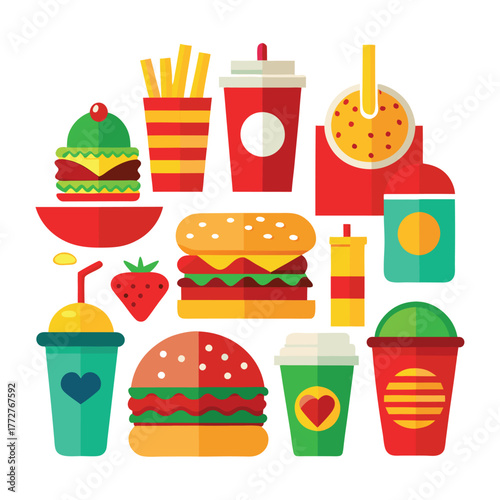 An illustration of various burger and fast-food items