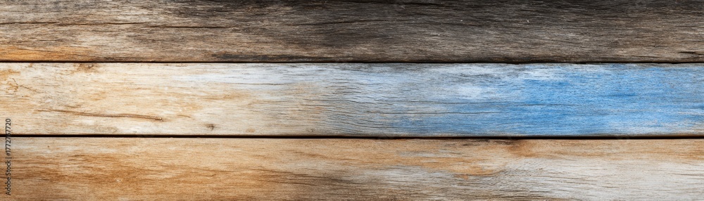 Naklejka premium displays horizontal arrangement of three weathered wooden planks where the middle plank features distinct blend of faded white