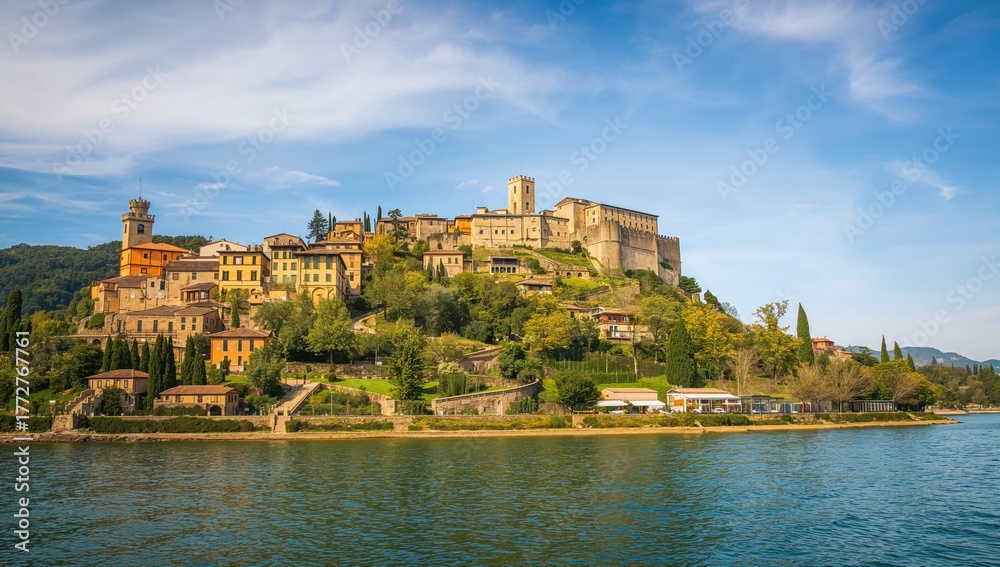 Fototapeta premium Scenic castle and church by a serene alpine lake with trees and blue skies