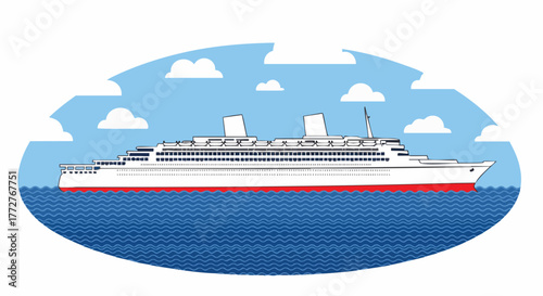 A detailed, flat-design illustration of a large white cruise ship sailing on blue wavy ocean waters under a bright sky with scattered clouds