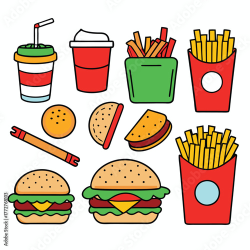 An illustration of various burger and fast-food items