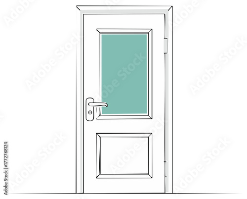 White Interior Door with Handle and Glass Illustration Style, Minimalist Outline Design