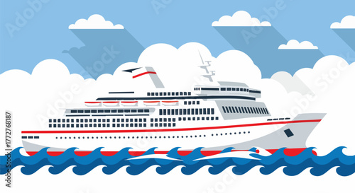 A modern, stylized cruise ship sails across blue waves under a sky with fluffy clouds. This illustration captures the essence of travel and leisure