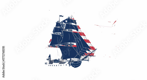 A patriotic illustration of a historic tall ship in red, white, and blue