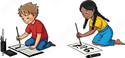 Children, practicing, traditional, calligraphy, with, brush, ink, Asian, culture, art, learning, handwriting, paper, creativity, education, kids, drawing, heritage, kneeling, focused