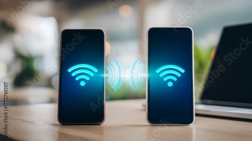 Two smartphones displaying wi fi connection mobile devices show wireless internet access on screen