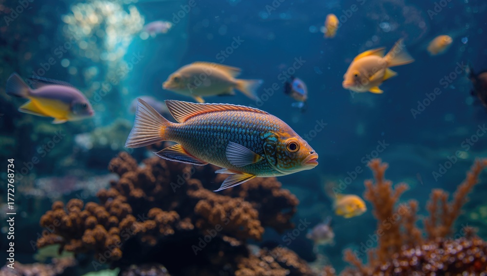 Fototapeta premium Aquarium fish swimming in clear water, reflecting tranquility and focus