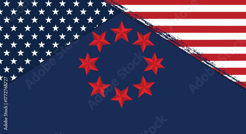 Abstract background combining US flag elements with a circle of seven red stars on a deep blue field, representing unity or a specific symbolic context