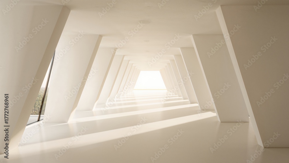 Obraz premium Sunlight streams through pillars in a long, bright hallway.