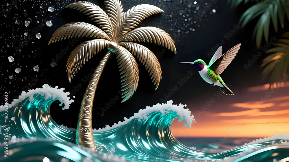 Fototapeta premium Tropical world and humming bird flying । Wall Decor 