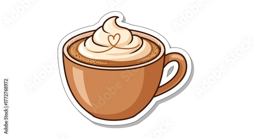 A whimsical coffee cup sticker with a heart shape in the foamy topping and a cartoon style