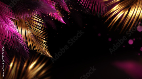 Golden and pink glitter feathers on dark luxury background with elegant burlesque vibe