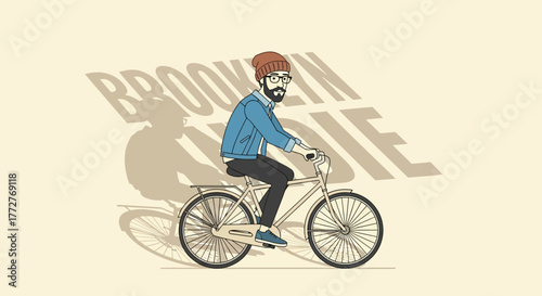Illustrated man riding a bicycle in Brooklyn style with a creative shadow effect