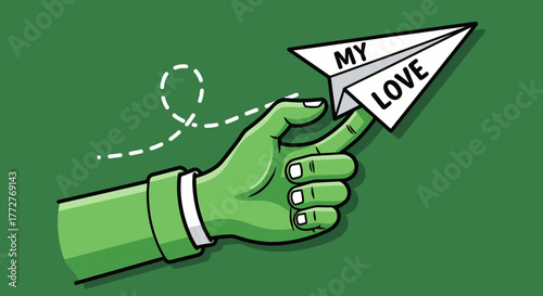 Whimsical flight of affection a green hand launching a paper airplane with love message