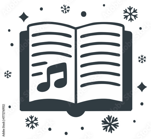 Open Music Book with Snowflakes and Musical Notes Winter Holiday Theme