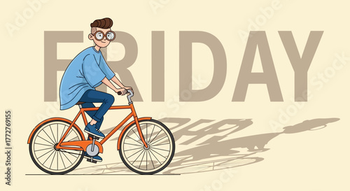 Friday feeling: A cheerful cartoon cyclist enjoying the end of the work week with a ride
