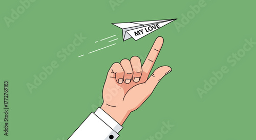 Cartoon hand launches a paper airplane with 'My Love' message symbolizing affection