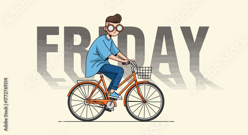 Stylized Cartoon Illustration of a Man Cycling on Friday with Text Overlay in the Background