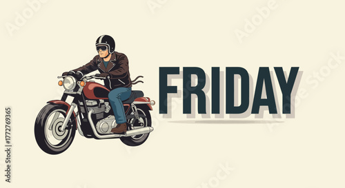 Friday vibes with a vintage motorcycle rider in helmet and leather jacket illustration