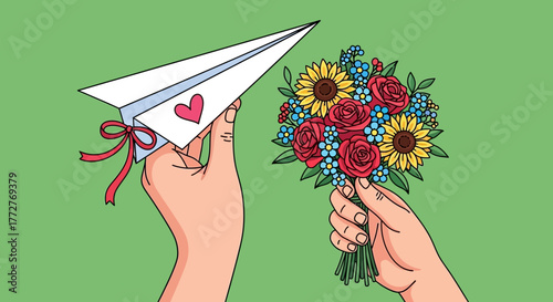 Hands presenting floral bouquet and love letter conveying tender heartfelt emotions