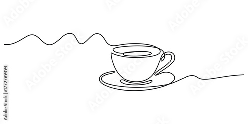 Elegant continuous line drawing of a steaming coffee cup and saucer vector