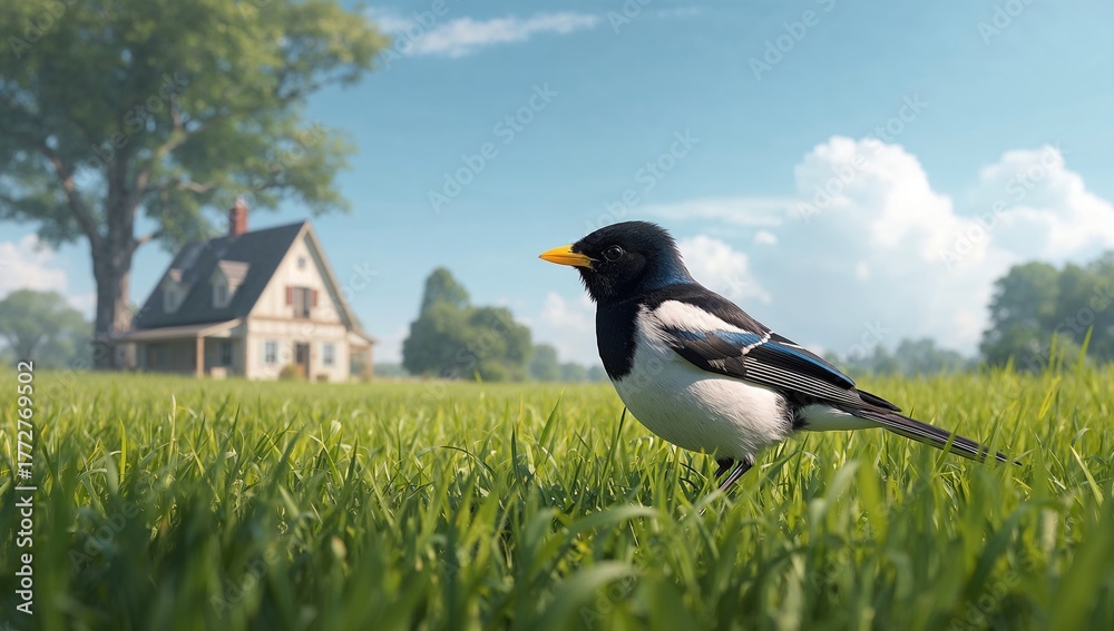 Fototapeta premium Copsychus saularis resting on grass