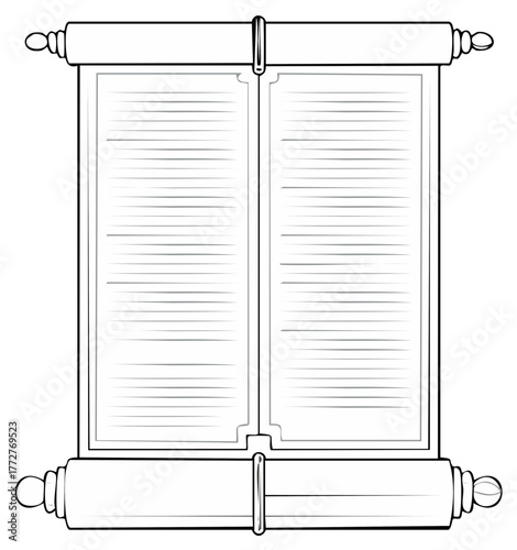 Illustration of an ancient scroll with blank pages for text and decorative elements.