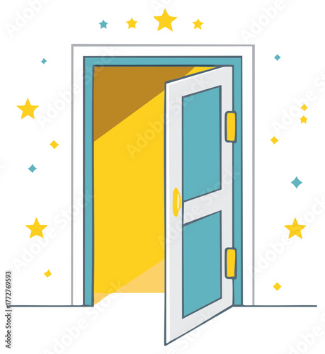 Whimsical illustration of an open doorway with light shining through and stars surrounding it