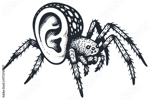 A surreal spider with a human ear for an abdomen. Bizarre, creepy creature concept. Vector illustration in a vintage engraving or woodcut art style.
