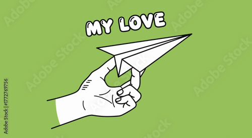 Conceptual illustration depicting a paper airplane being held by a hand over a green backdrop