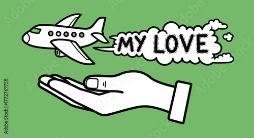 Airplane carrying love message above the extended hand for delivery with hope and care