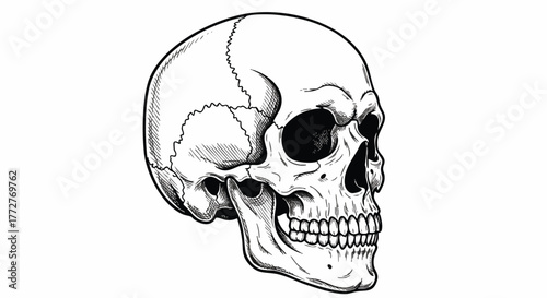 Black and white detailed sketch of a human skull from a profile view, rendered with hatching and cross-hatching for texture and depth